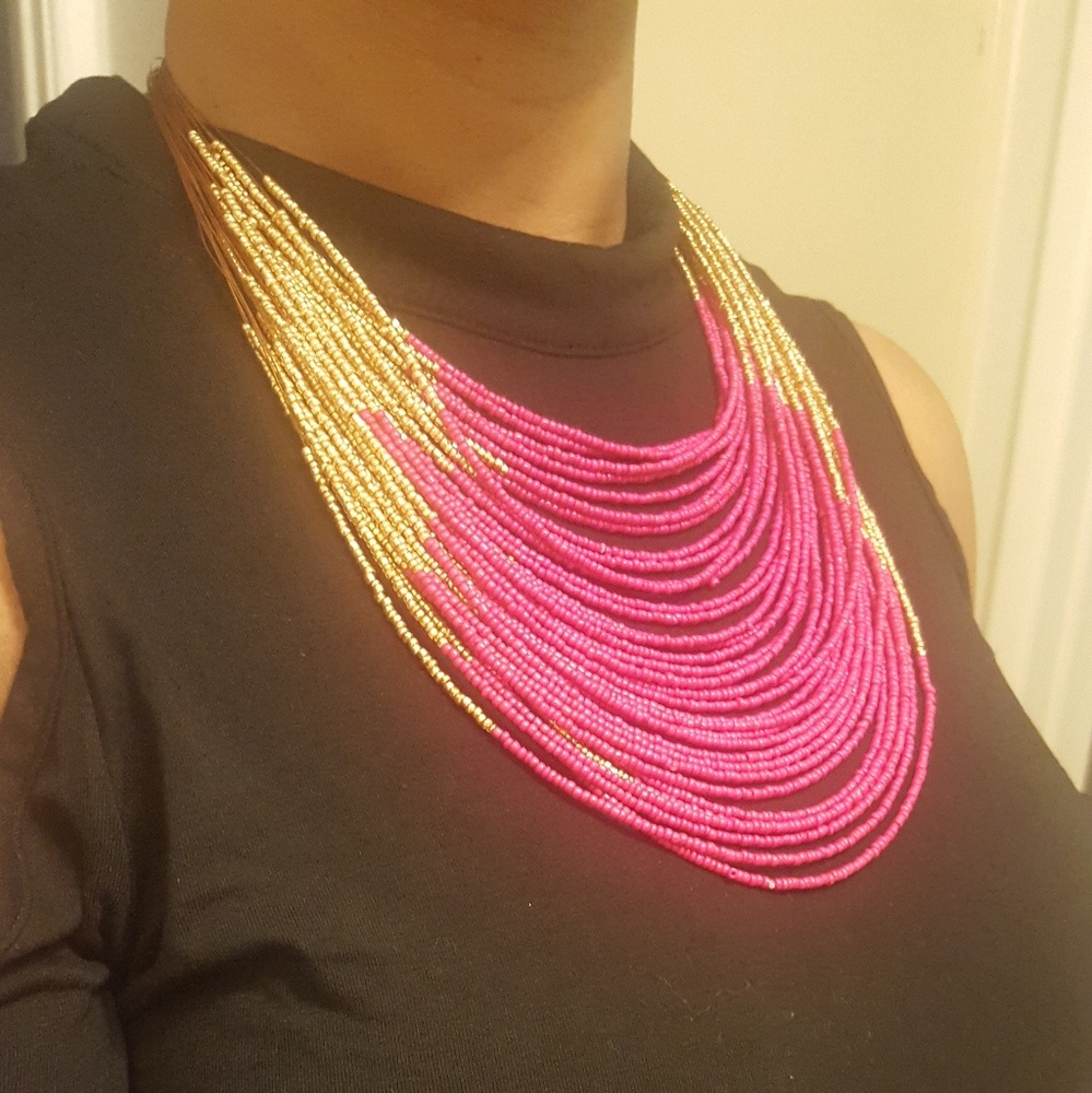 Pink and gold beaded fashion necklace